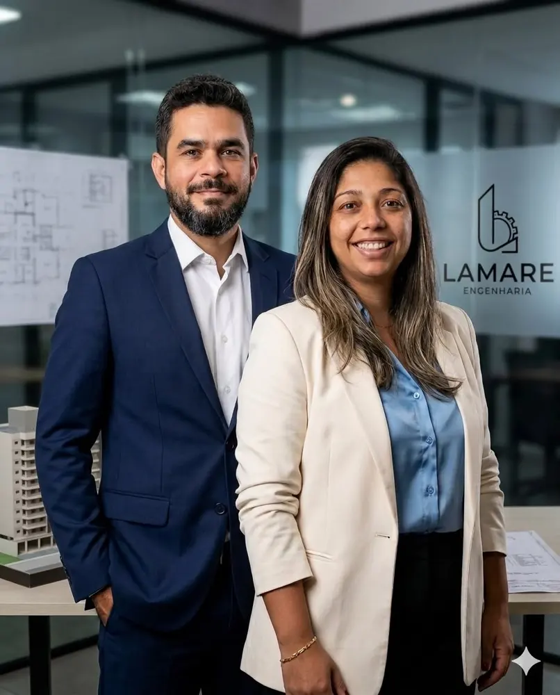 Equipe da Lamare Engenharia — engenheira civil e técnico em edificações no Sul Fluminense, Vale do Paraíba e Sul de Minas